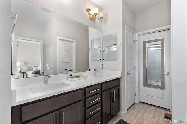 bathroom with hardwood / wood-style floors and vanity