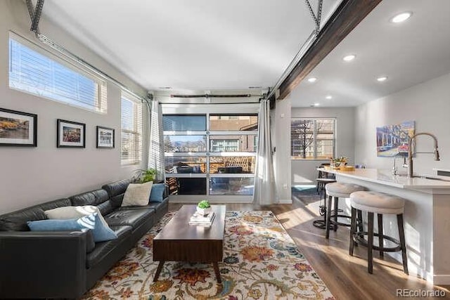 living room with sink and hardwood / wood-style floors