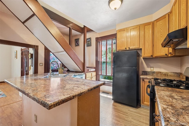 2119 W Pikes Peak Ave, Colorado Springs, CO 80904 - kitchen featuring black appliances, exhaust hood, a sink, light wood-style flooring, and dark countertops