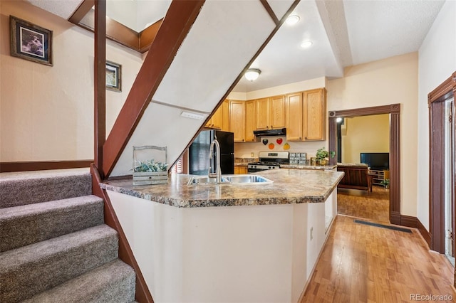 2119 W Pikes Peak Ave, Colorado Springs, CO 80904 - kitchen featuring stainless steel range with gas stovetop, range hood, a sink, light wood-style floors, and freestanding refrigerator