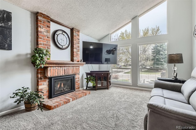 8101 S San Juan Range Rd, Littleton, CO 80127 - living room featuring a textured ceiling, carpet flooring, a fireplace, and lofted ceiling