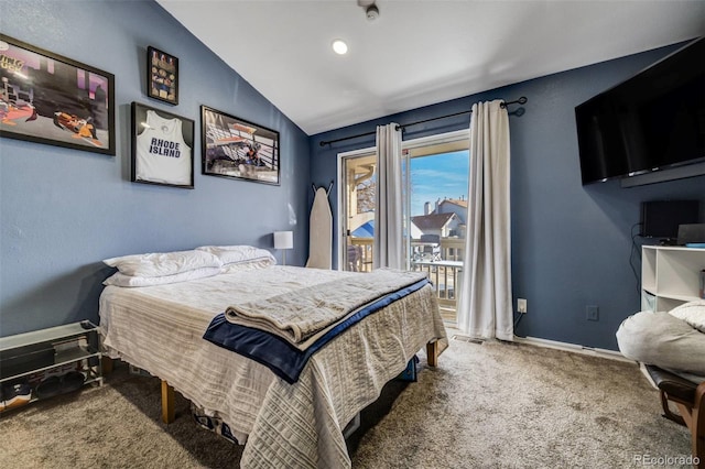 bedroom with visible vents, baseboards, carpet, access to outside, and vaulted ceiling