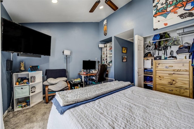 carpeted bedroom with ceiling fan and recessed lighting