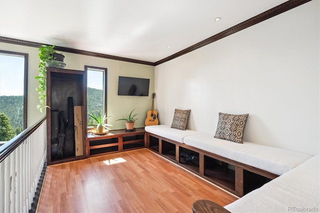 32392 Lodgepole Dr, Evergreen, CO 80439 - sitting room featuring light wood-style floors and crown molding