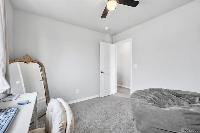 bedroom with baseboards, carpet, and a ceiling fan