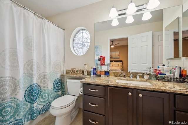 bathroom with toilet, curtained shower, ensuite bath, and vanity