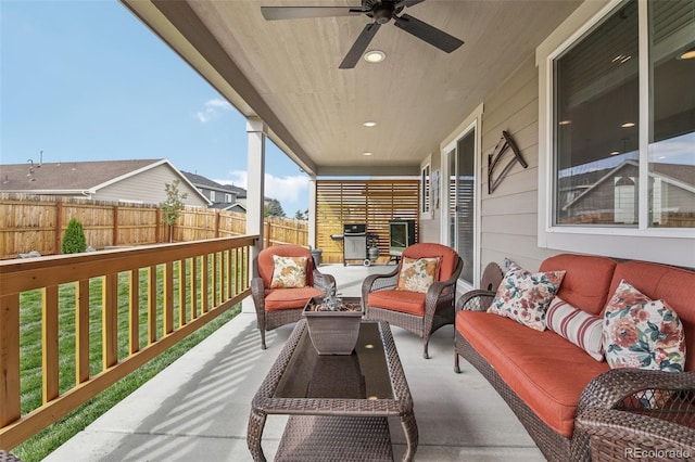 balcony with ceiling fan, outdoor lounge area, and grilling area