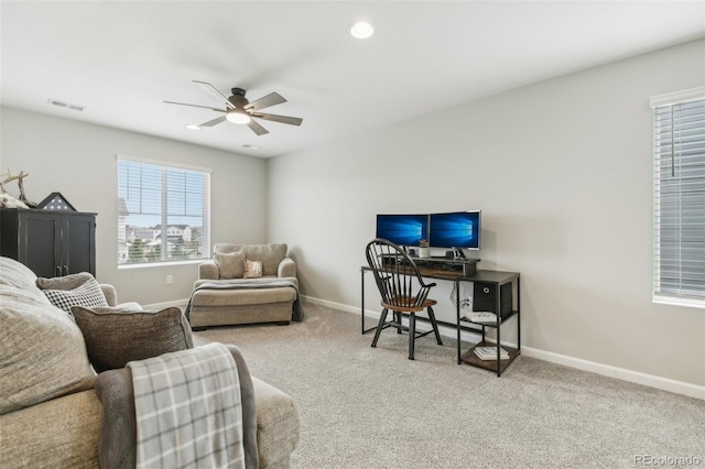 carpeted living area with ceiling fan, recessed lighting, visible vents, and baseboards