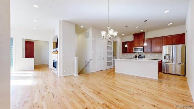 kitchen with decorative backsplash, appliances with stainless steel finishes, light hardwood / wood-style flooring, hanging light fixtures, and an island with sink