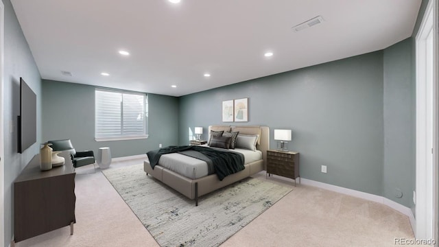 bedroom with light carpet