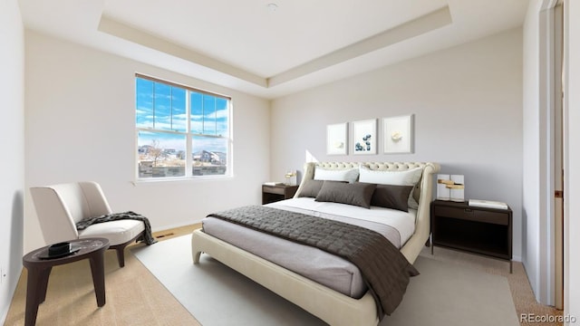 carpeted bedroom featuring a raised ceiling