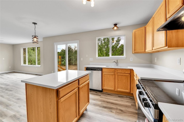 22974 E Dorado Dr, Aurora, CO 80015 - kitchen with appliances with stainless steel finishes, under cabinet range hood, a sink, light wood finished floors, and light countertops
