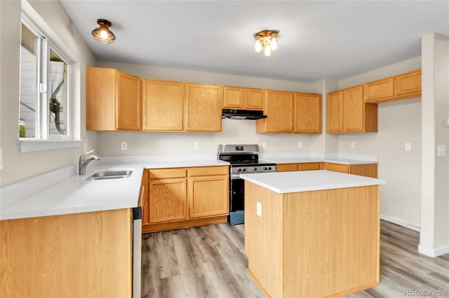 22974 E Dorado Dr, Aurora, CO 80015 - kitchen featuring stainless steel range with electric cooktop, a sink, under cabinet range hood, light wood-type flooring, and a center island