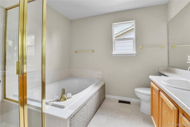 22974 E Dorado Dr, Aurora, CO 80015 - bathroom featuring vanity, toilet, a bath, a stall shower, and baseboards