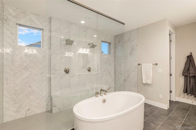 bathroom featuring independent shower and bath and tile patterned floors