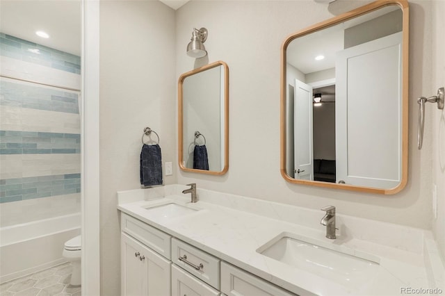 full bathroom with vanity, separate shower and tub, toilet, and tile patterned flooring