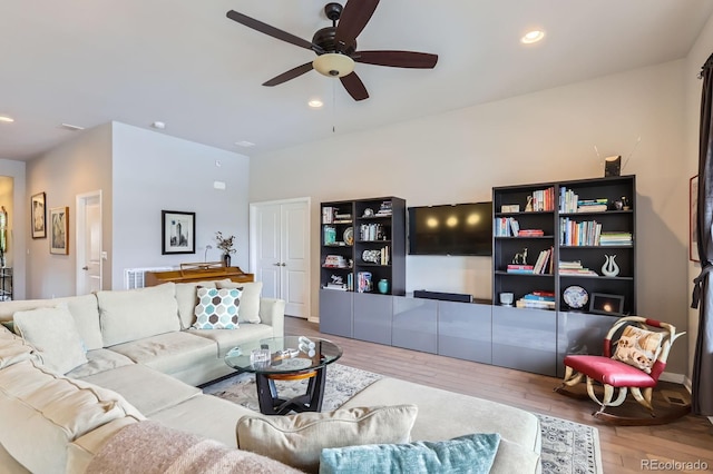 15855 Wild Horse Dr, Broomfield, CO 80023 - living room featuring wood finished floors, recessed lighting, and ceiling fan