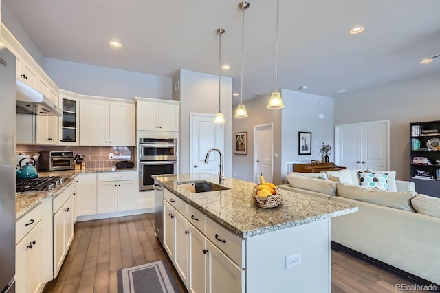 15855 Wild Horse Dr, Broomfield, CO 80023 - kitchen with dark wood-type flooring, ventilation hood, appliances with stainless steel finishes, and a sink