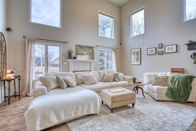 living room featuring light hardwood / wood-style flooring and a high ceiling