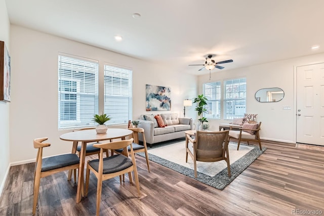 living room featuring ceiling fan and wood-type flooring