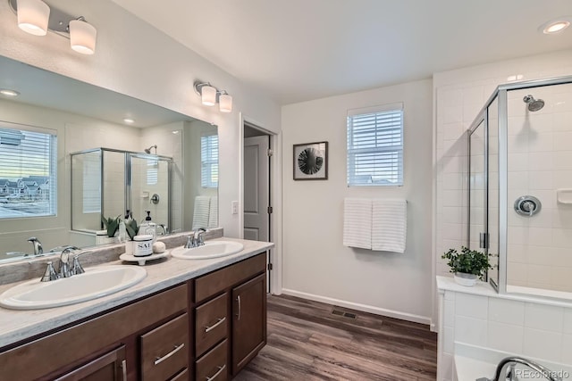 bathroom with hardwood / wood-style floors, plenty of natural light, a shower with door, and vanity