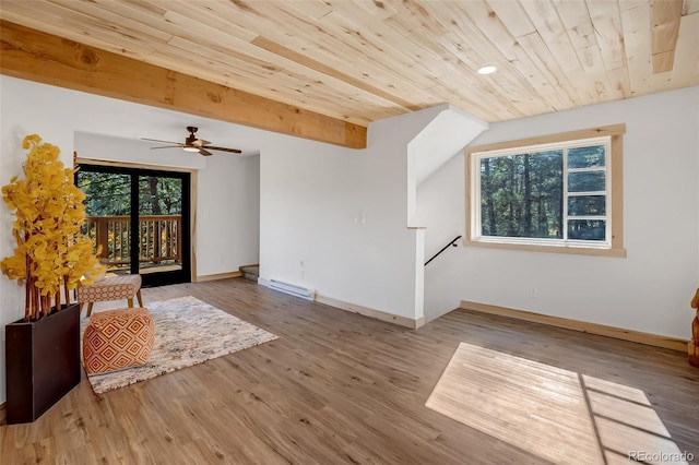 empty room featuring wooden ceiling, baseboard heating, hardwood / wood-style flooring, ceiling fan, and beam ceiling