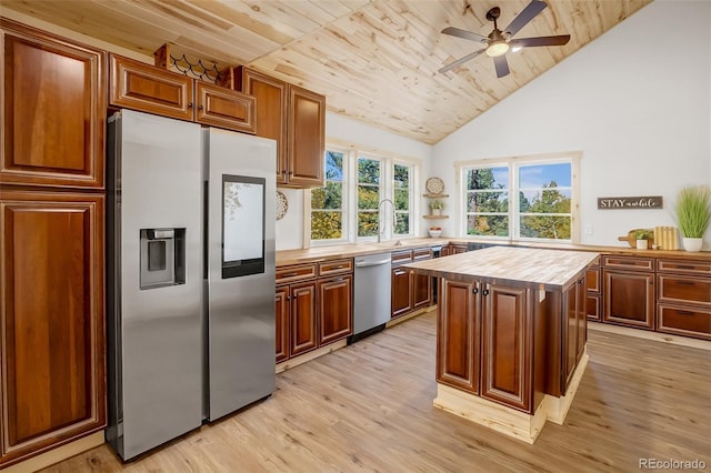 kitchen featuring wood ceiling, stainless steel appliances, a kitchen island, and light hardwood / wood-style flooring