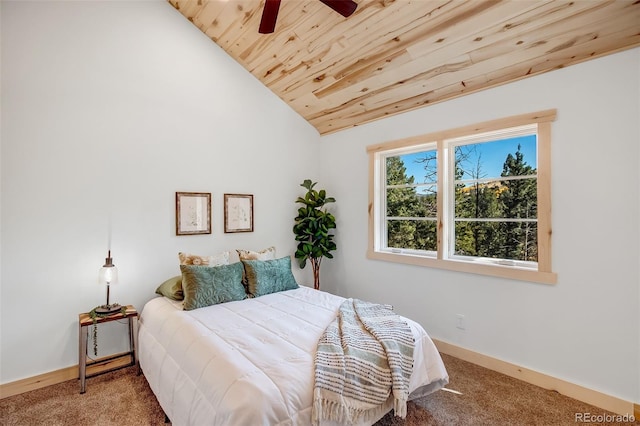 carpeted bedroom featuring ceiling fan, lofted ceiling, and wood ceiling