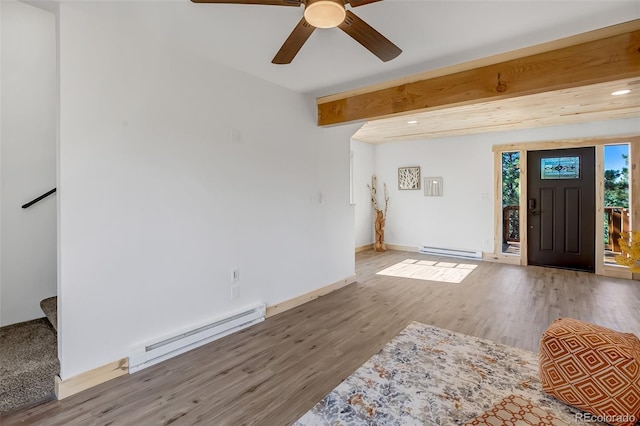 interior space featuring ceiling fan, a baseboard radiator, wood-type flooring, and beam ceiling