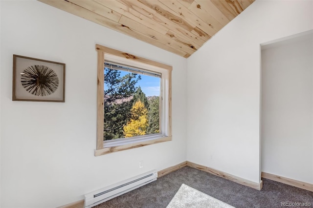 carpeted empty room with lofted ceiling, wood ceiling, and baseboard heating