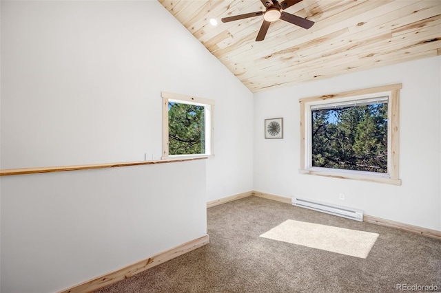 empty room featuring ceiling fan, vaulted ceiling, carpet flooring, a baseboard radiator, and wooden ceiling