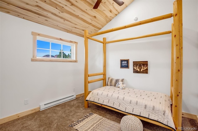 carpeted bedroom featuring baseboard heating, wood ceiling, lofted ceiling, and ceiling fan