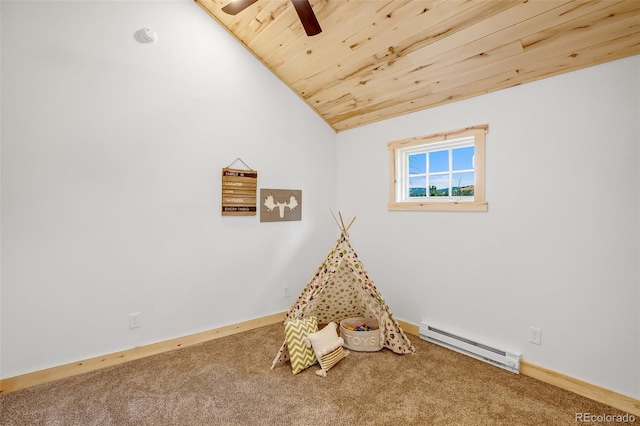 game room featuring lofted ceiling, a baseboard heating unit, wooden ceiling, and carpet