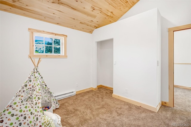 game room with vaulted ceiling, a baseboard heating unit, light colored carpet, and wood ceiling