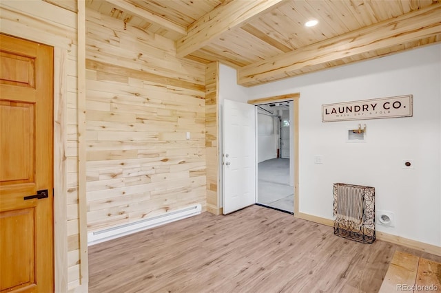 spare room with wood ceiling, beamed ceiling, light hardwood / wood-style floors, and wood walls