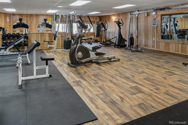 workout area featuring a paneled ceiling, wood-type flooring, and wood walls