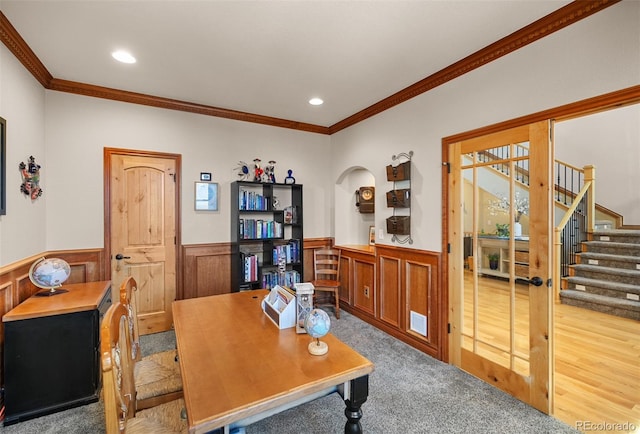 office area featuring light hardwood / wood-style floors and ornamental molding