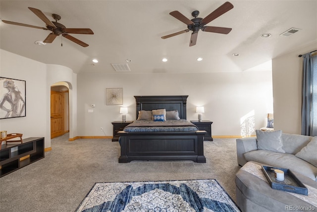 bedroom with light carpet and ceiling fan