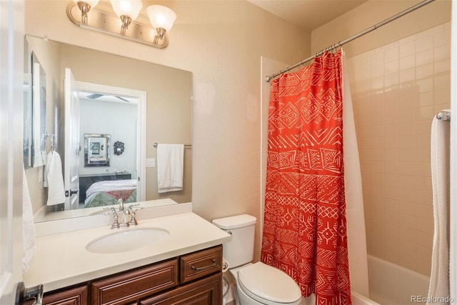 bathroom featuring toilet, ensuite bath, shower / bathtub combination with curtain, and vanity