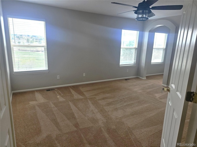 unfurnished room featuring light carpet, a healthy amount of sunlight, and baseboards