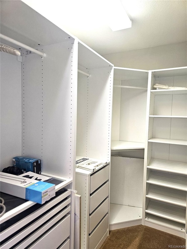 spacious closet featuring dark carpet