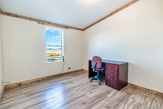 office featuring crown molding and light hardwood / wood-style floors