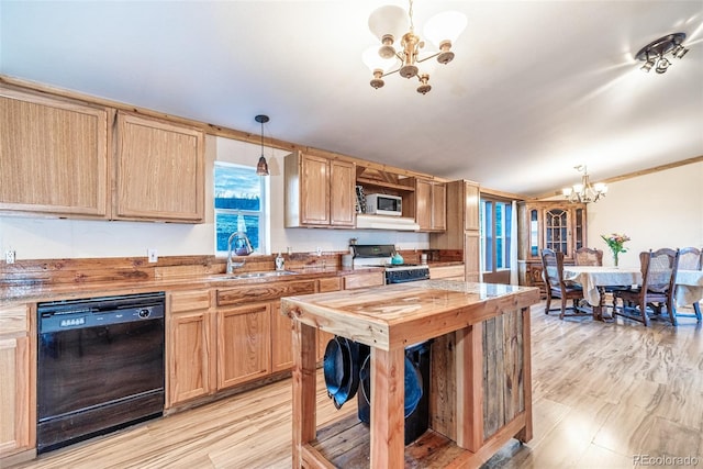 kitchen with gas range gas stove, light brown cabinetry, black dishwasher, an inviting chandelier, and a sink