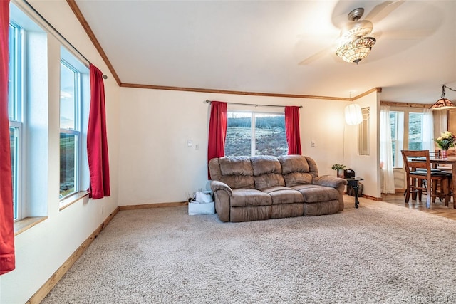 living area with carpet, crown molding, a healthy amount of sunlight, and baseboards