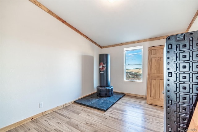 foyer entrance with wood finished floors, baseboards, and vaulted ceiling