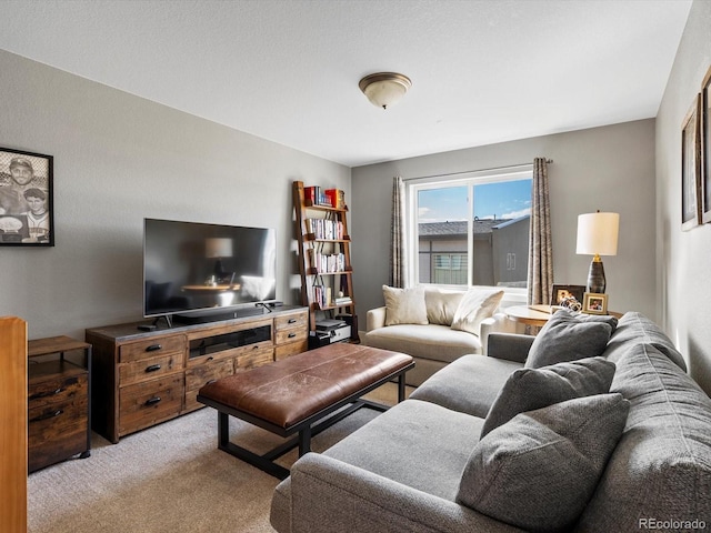 living area featuring light colored carpet