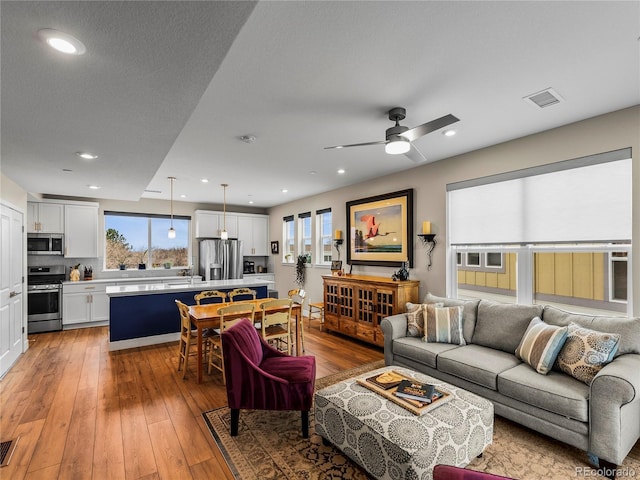 living area with a wealth of natural light, visible vents, and light wood-style floors