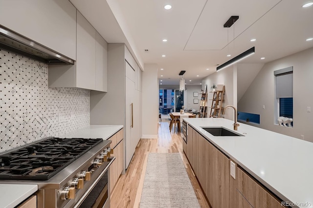 kitchen featuring a sink, light countertops, light wood-style floors, stainless steel gas range oven, and modern cabinets