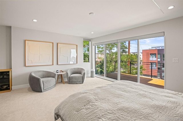 bedroom with access to exterior, carpet flooring, recessed lighting, and baseboards