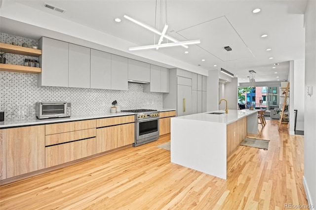 3232 W 16th Ave, Denver, CO 80204 - kitchen with high quality appliances, modern cabinets, a sink, light wood-style flooring, and decorative backsplash